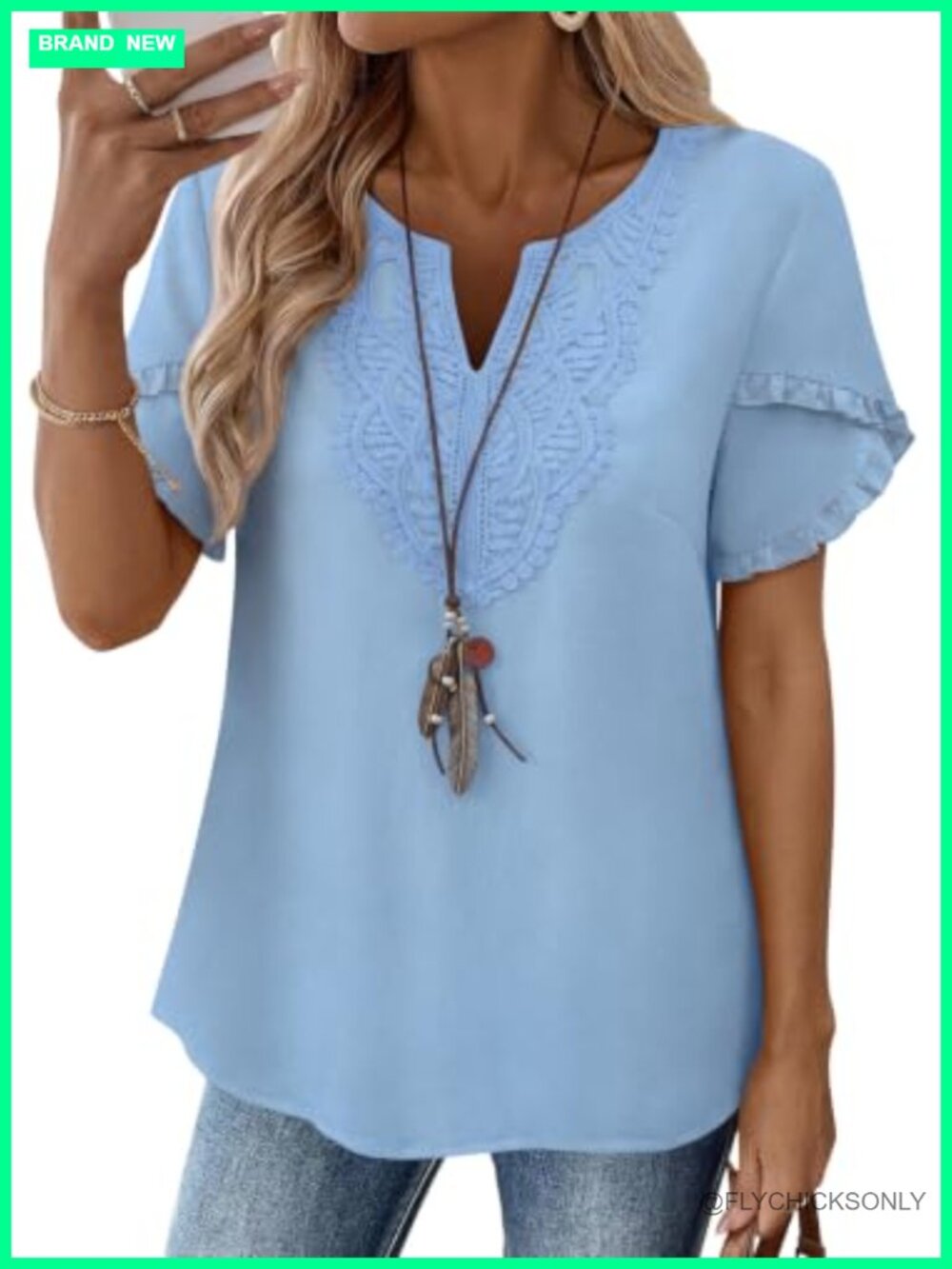 Womens Boho Lace V Neck Ruffle Sleeve Blouse